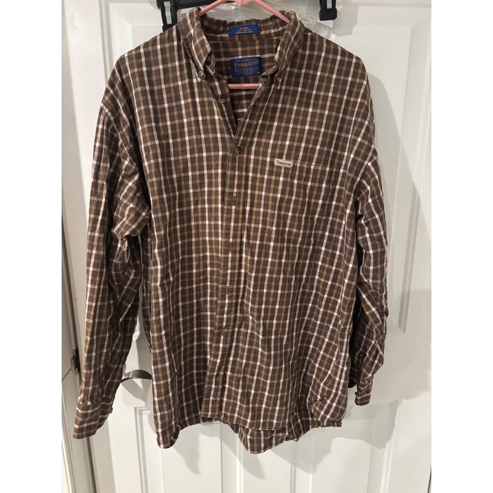 Pendleton Cotton Plaid Button Up Shirt Brown White Checkered Mens L - Picture 1 of 4
